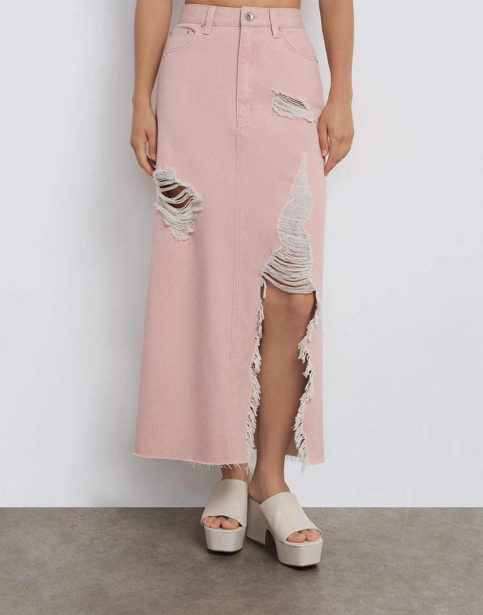 midi skirt with slit and fringe