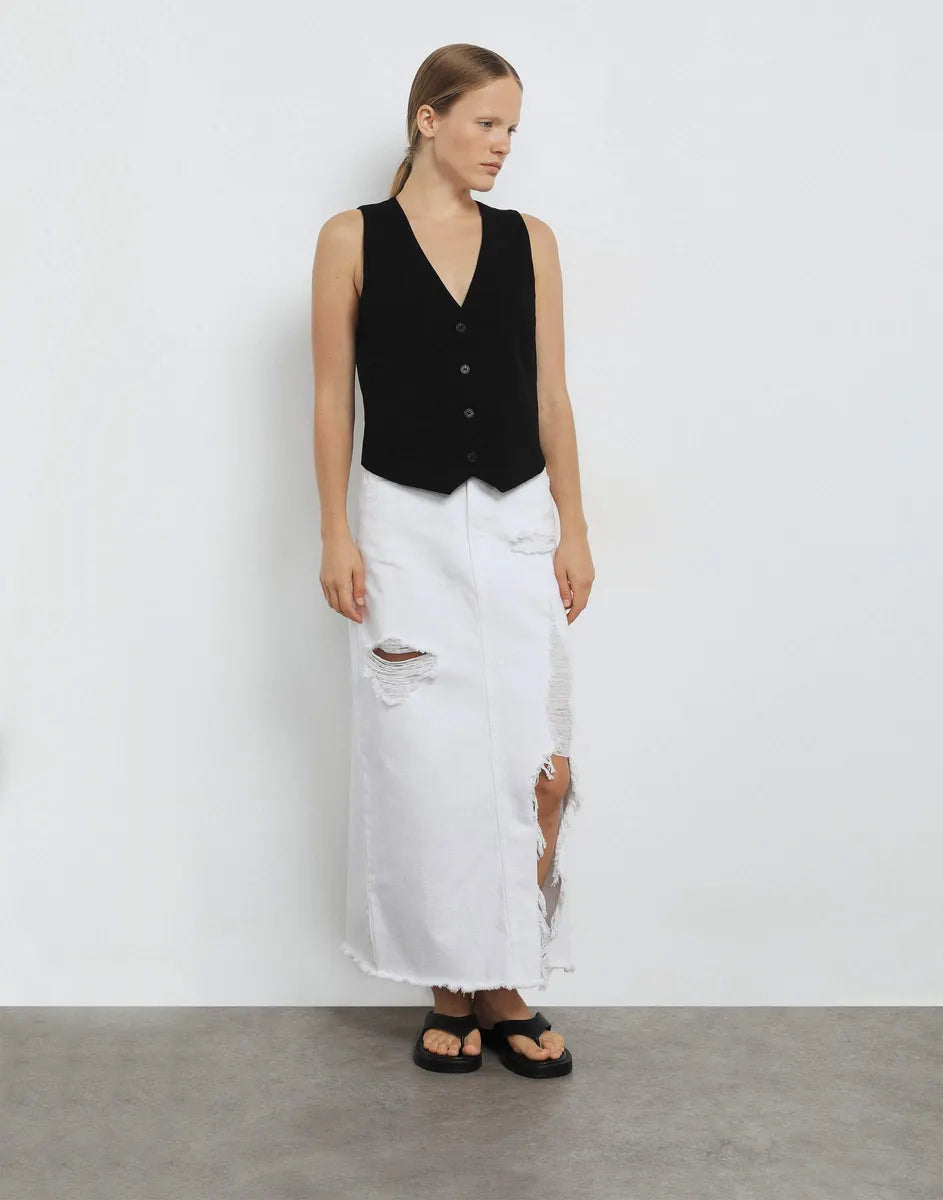 midi skirt with slit and fringe