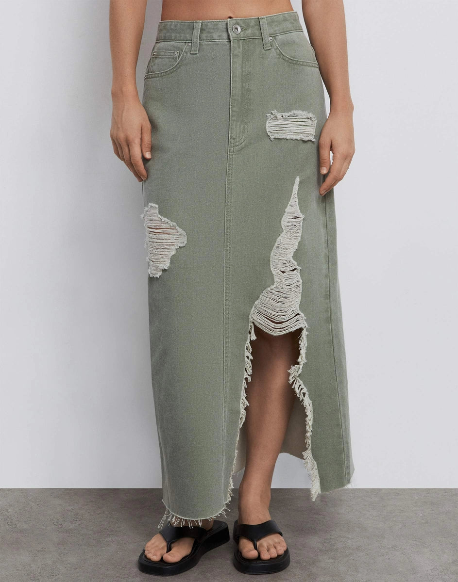 midi skirt with slit and fringe