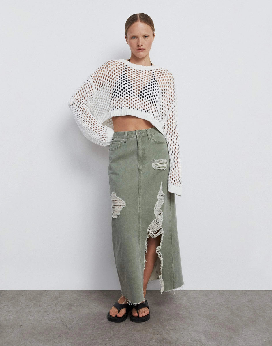 midi skirt with slit and fringe